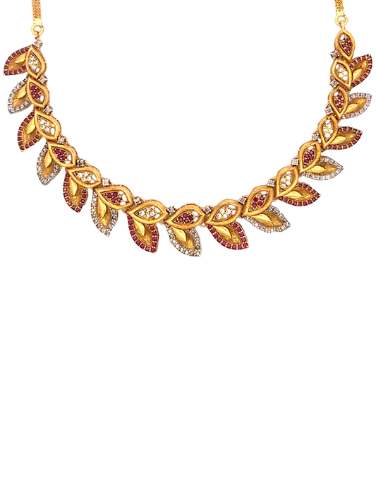 Crimson Leaf 22K Gold Necklace Set With Earrings