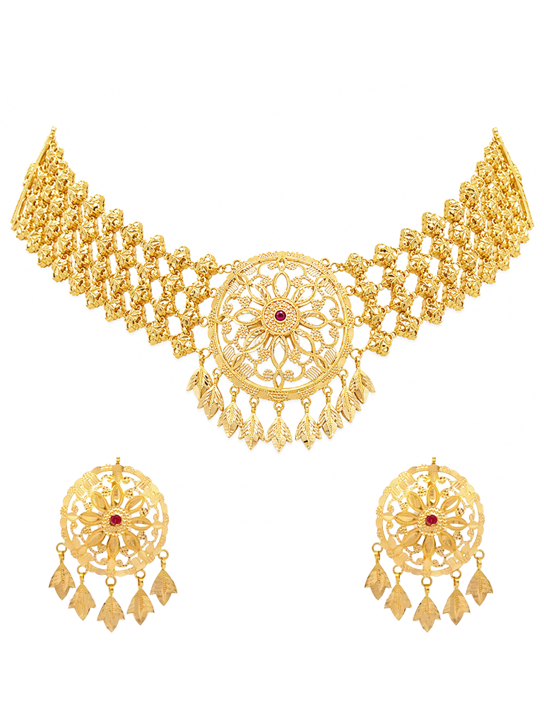 Suryamukhi Gold Choker Set With Earrings - 22 Karat