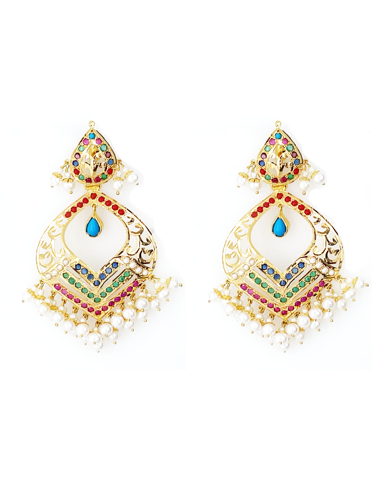 22 Kt Navratna Gemstones Gold Necklace Set With Earrings