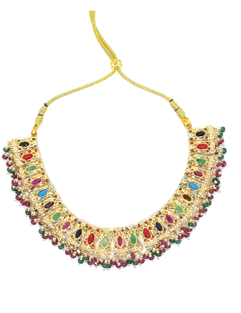 Navratna Gemstones Gold Necklace Set With Earrings (22 Karat)