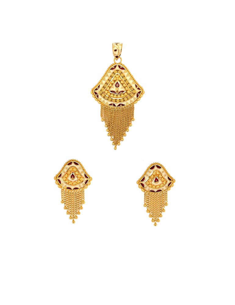 Gold Enamel Pendant set with Earrings 22 Karat