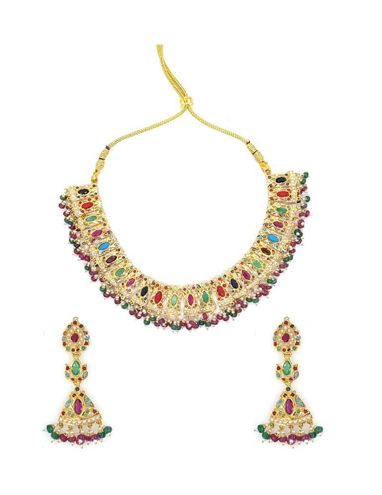 Navratna Gemstones Gold Necklace Set With Earrings (22 Karat)