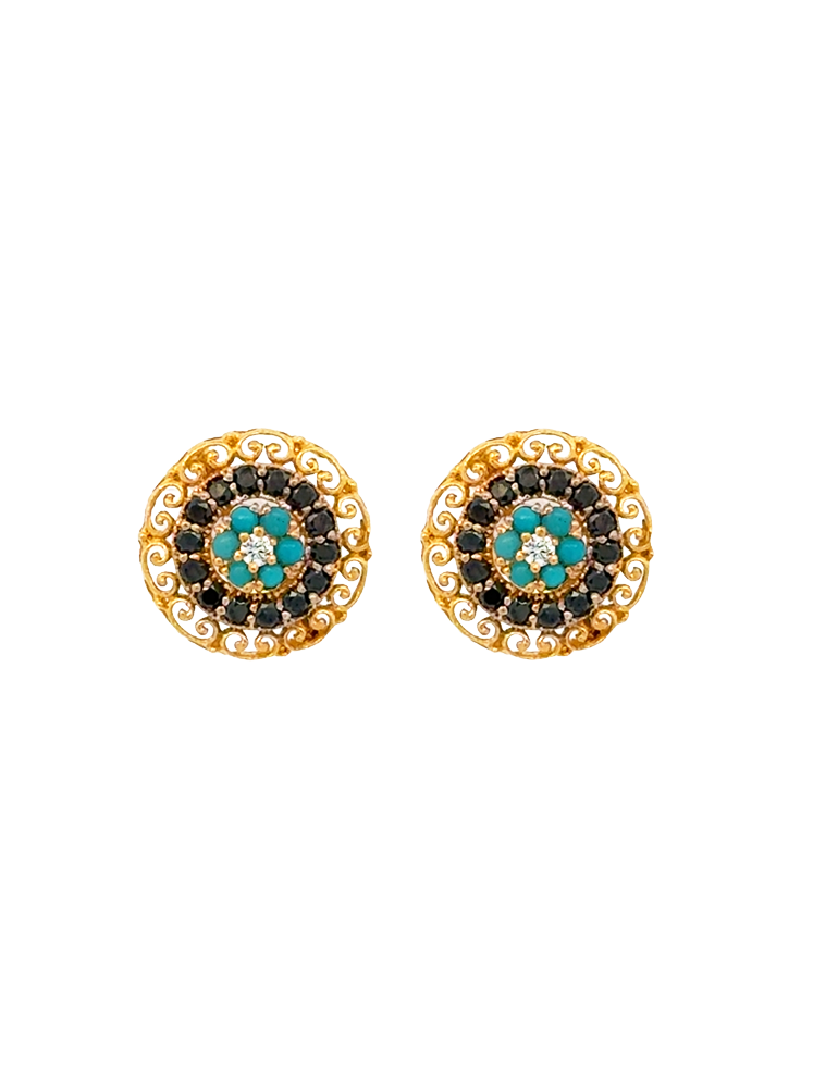 Turquoise Noir Halo Gold Pendant Set - 22 karat