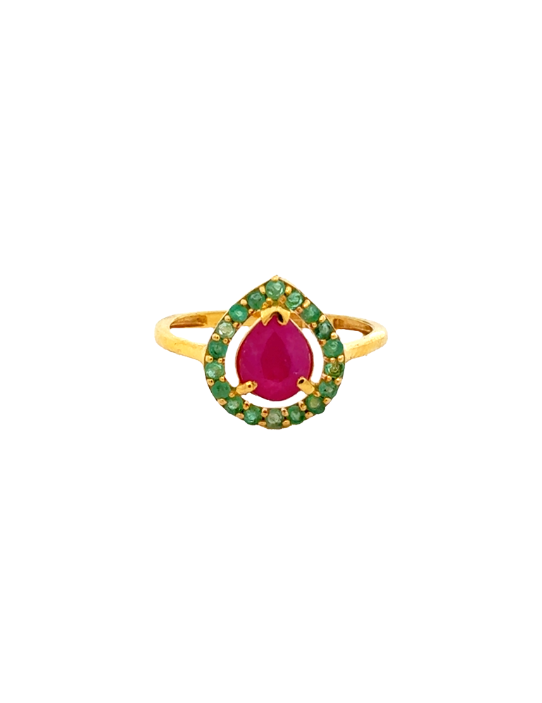 Ruby & Emerald Teardrop Ring in Yellow Gold