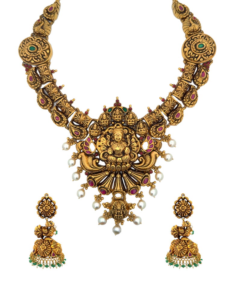 Lakshmi Devi Temple Necklace Set in 22K