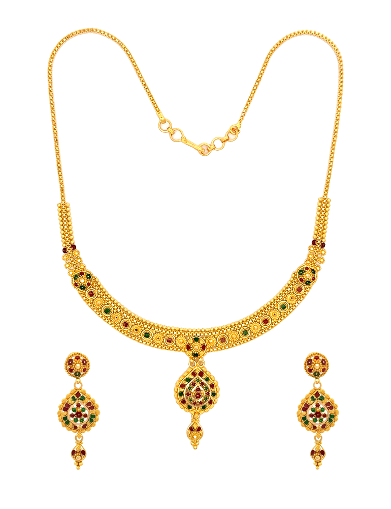 Red & Green Accent Gold Set with Earrings 22 Karat