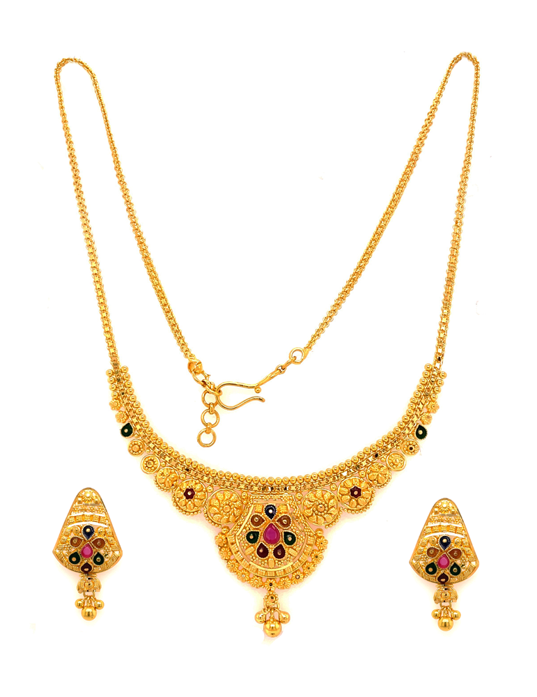22 Karat Gold Enamel Necklace Set with Earrings