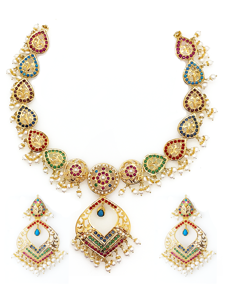 22 Kt Navratna Gemstones Gold Necklace Set With Earrings