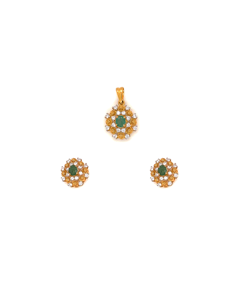 Gold CZ Emerald Pendant Set with 22 Karat