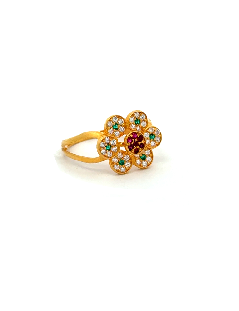 22K Yellow Gold Floral Ring with White & Green Stones