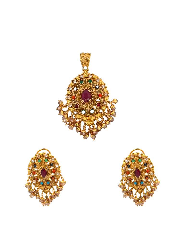 Gold Fancy Navarthna Pendant Set - 22 Karat