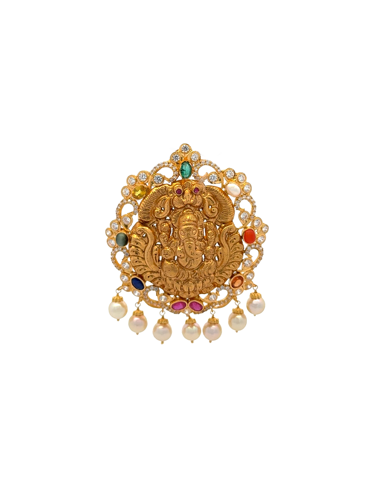 Gold Navarathan Ganesh Pendant - 22K