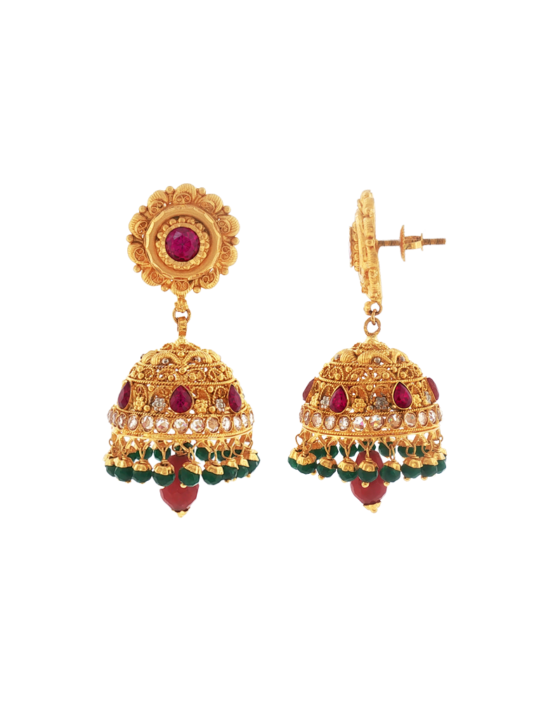 Amrapali Ruby Green Jhumkas - 22 Karat