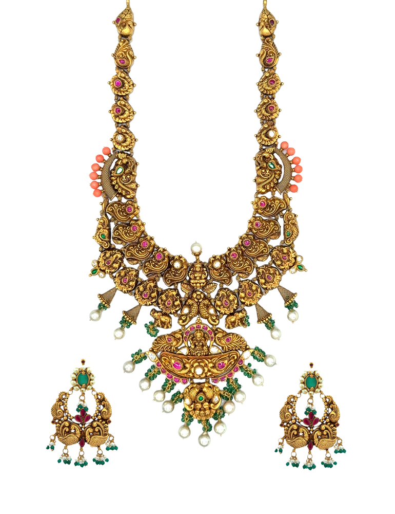 Lakshmi Devi Temple Necklace Set in 22K