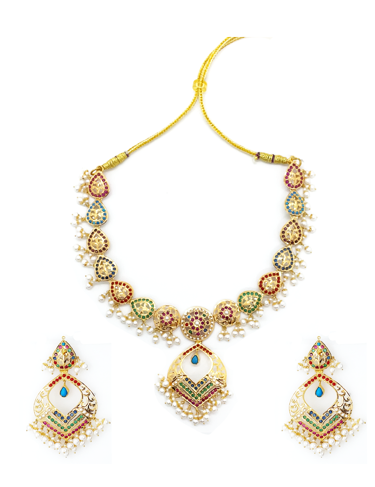 22 Kt Navratna Gemstones Gold Necklace Set With Earrings