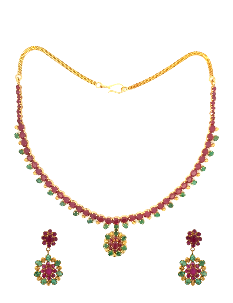 Gold Ruby and Emerald Neckalce With Earrings - 22 Karat