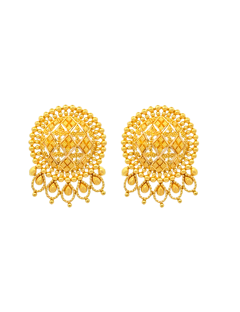Gold Geometric Pattern Choker Necklace with Earrings - 22 Karat