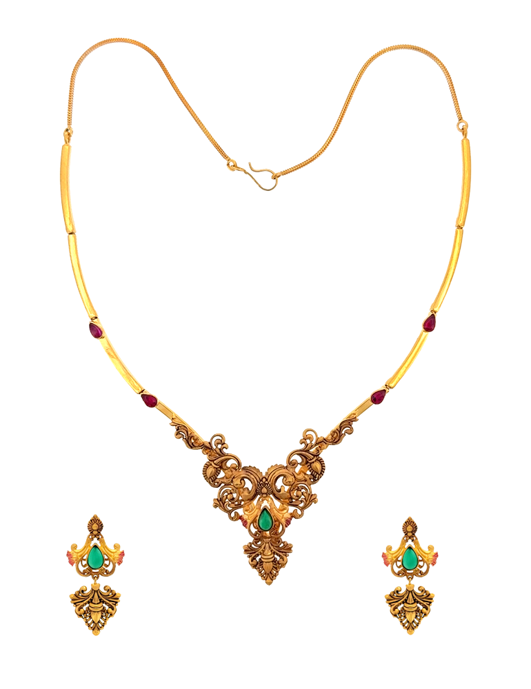 Meghamala Antique Necklace Set with Earrings - 22 Karat