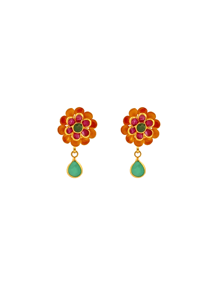 Crimson Blossom Gold Necklace Set with Earrings - 22 Karat