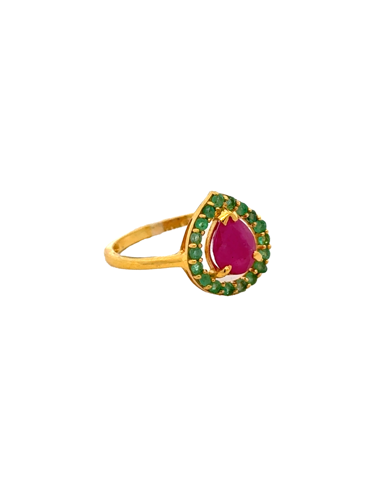 Ruby & Emerald Teardrop Ring in Yellow Gold