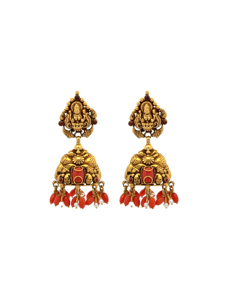Temple-Inspired 22K Antique Jhumkas Featuring Lakshmi & Coral