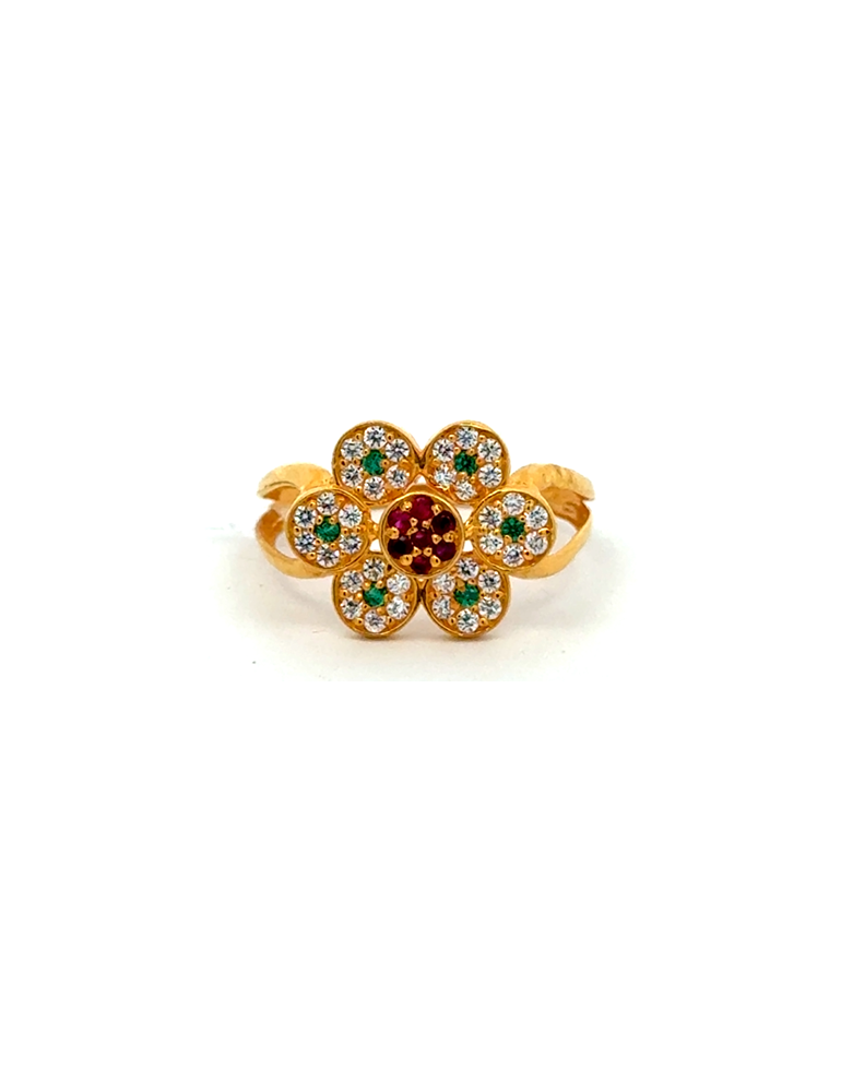 22K Yellow Gold Floral Ring with White & Green Stones