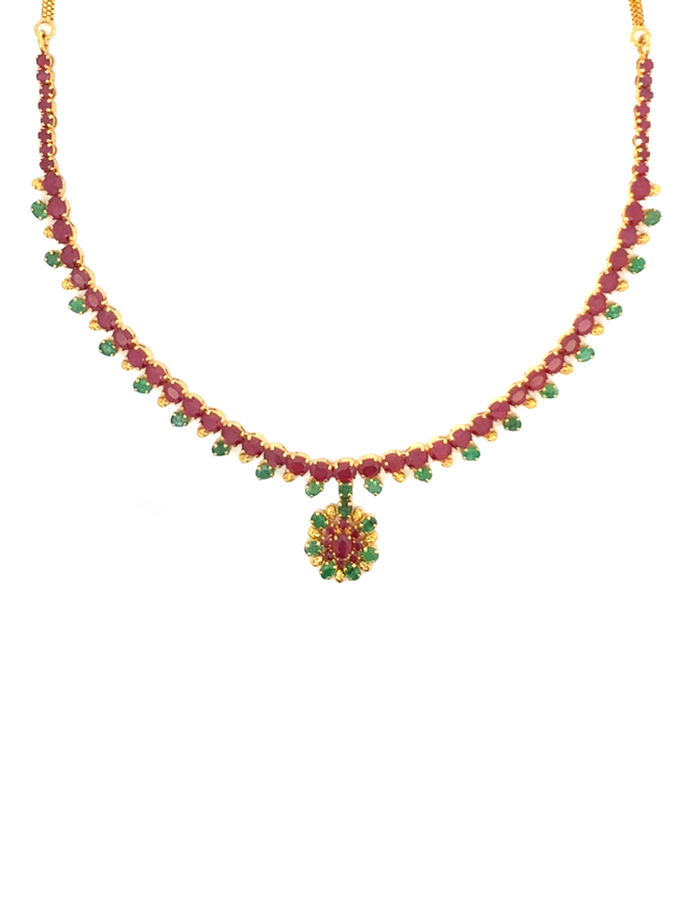 Gold Ruby and Emerald Neckalce With Earrings - 22 Karat