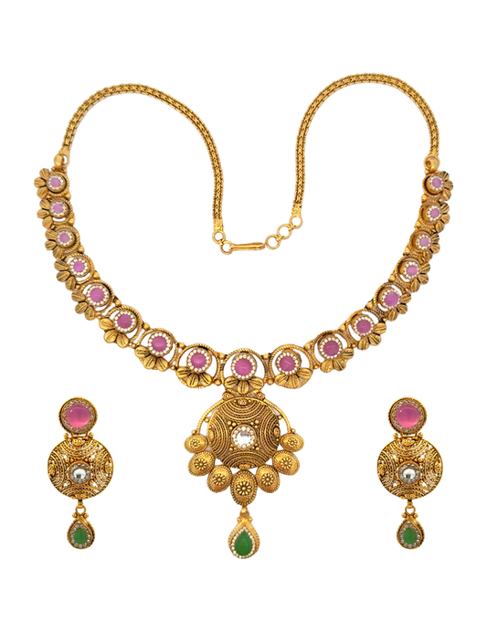 Regal Antique Gold Set in 22K with Authentic Kundan Stones