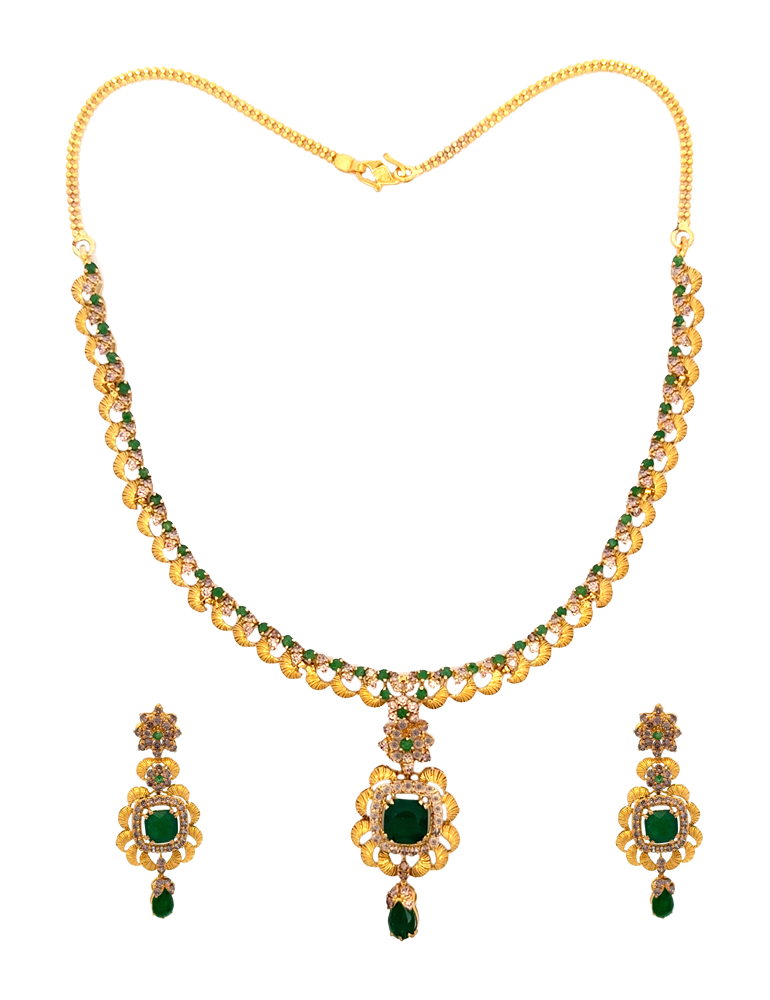 Emerald Meadow Necklace Set With Earrings - 22 Karat