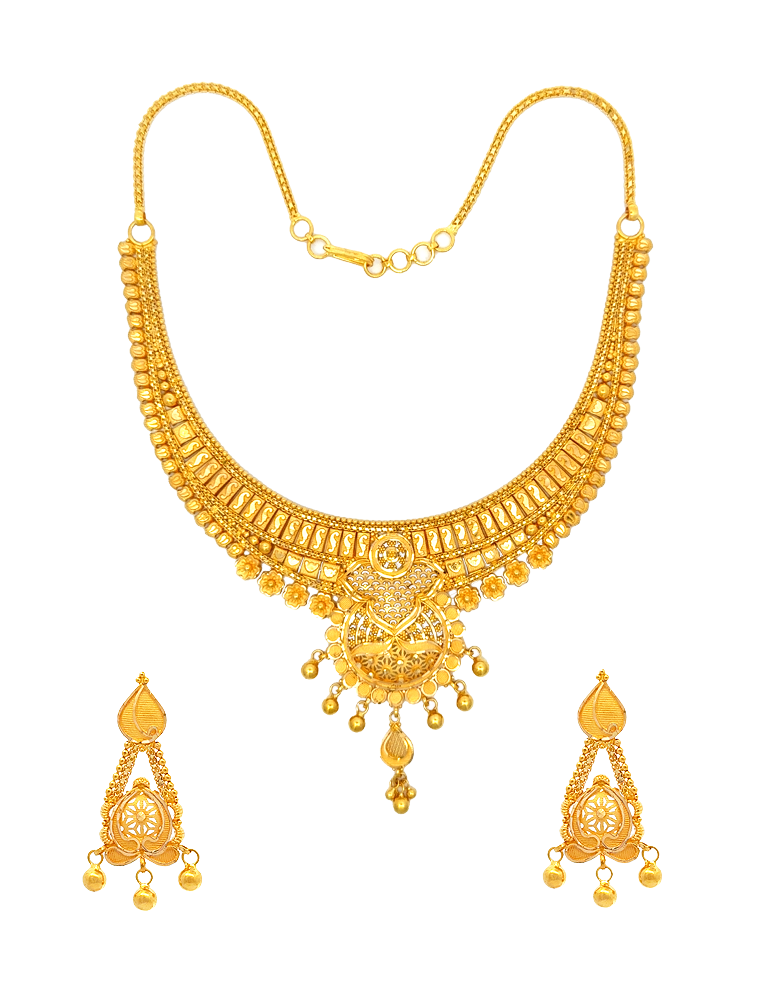 Royal Teardrop Cascade 22K Gold Necklace Set With Earring