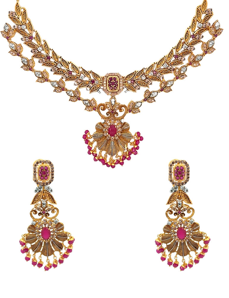 Ruby Blossom Majesty Necklace Set With Earrings - 22 Karat