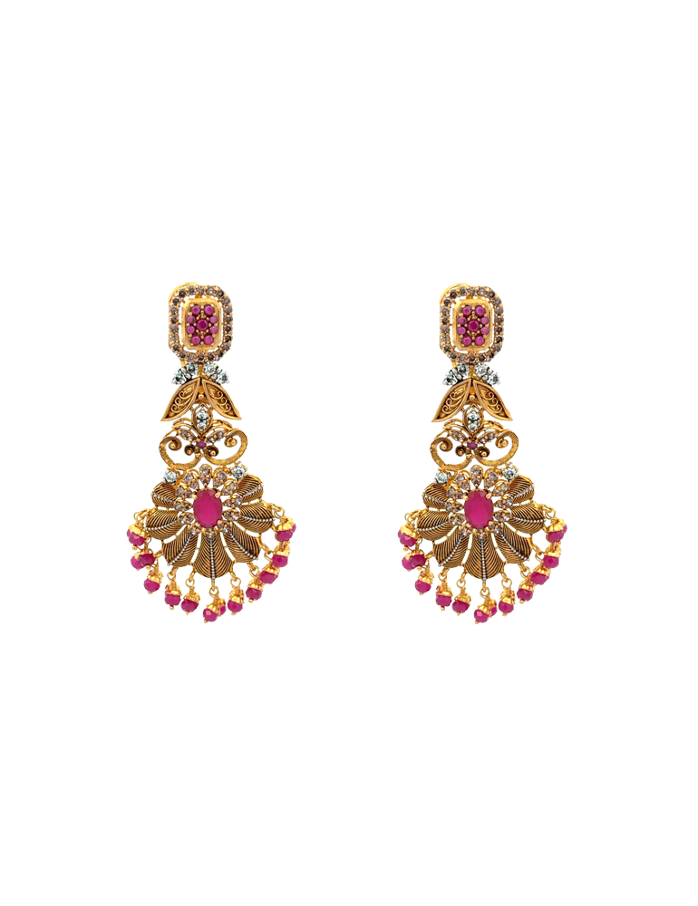 Ruby Blossom Majesty Necklace Set With Earrings - 22 Karat