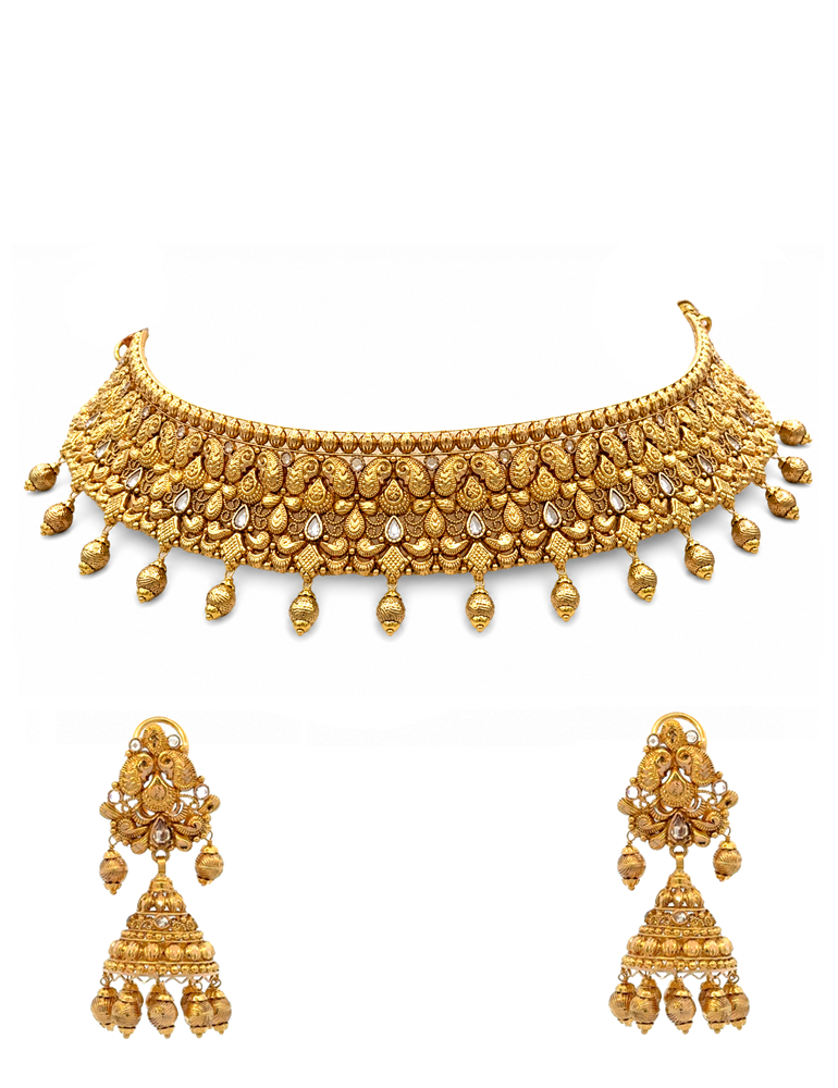 Gold Peacock Majesty Choker Set With Earrings - 22 Karat