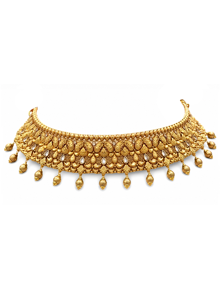 Gold Peacock Majesty Choker Set With Earrings - 22 Karat