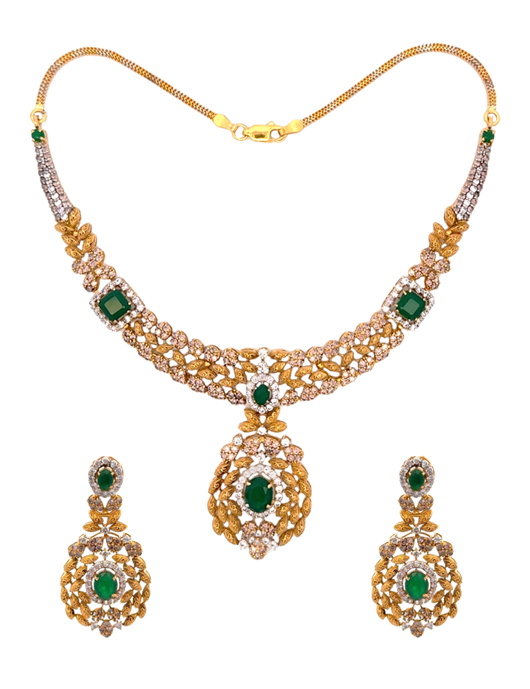 Gold Emerald Leaf Motif Statement Necklace With Earrings - 22 Karat
