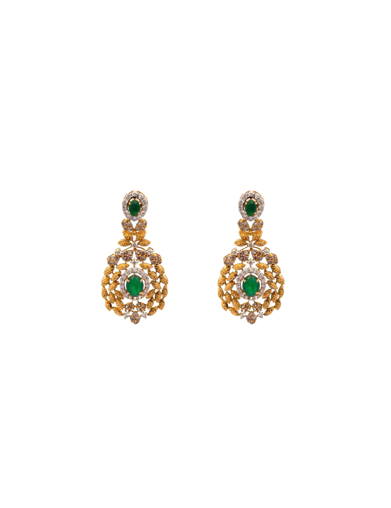 Gold Emerald Leaf Motif Statement Necklace With Earrings - 22 Karat