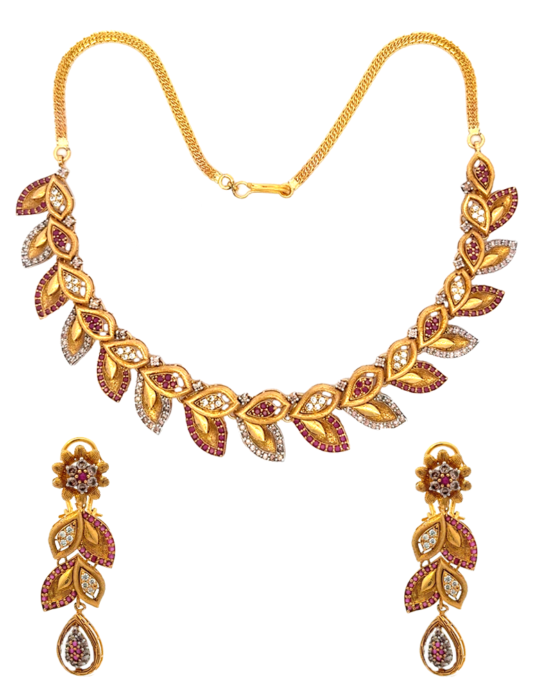 Crimson Leaf 22K Gold Necklace Set With Earrings