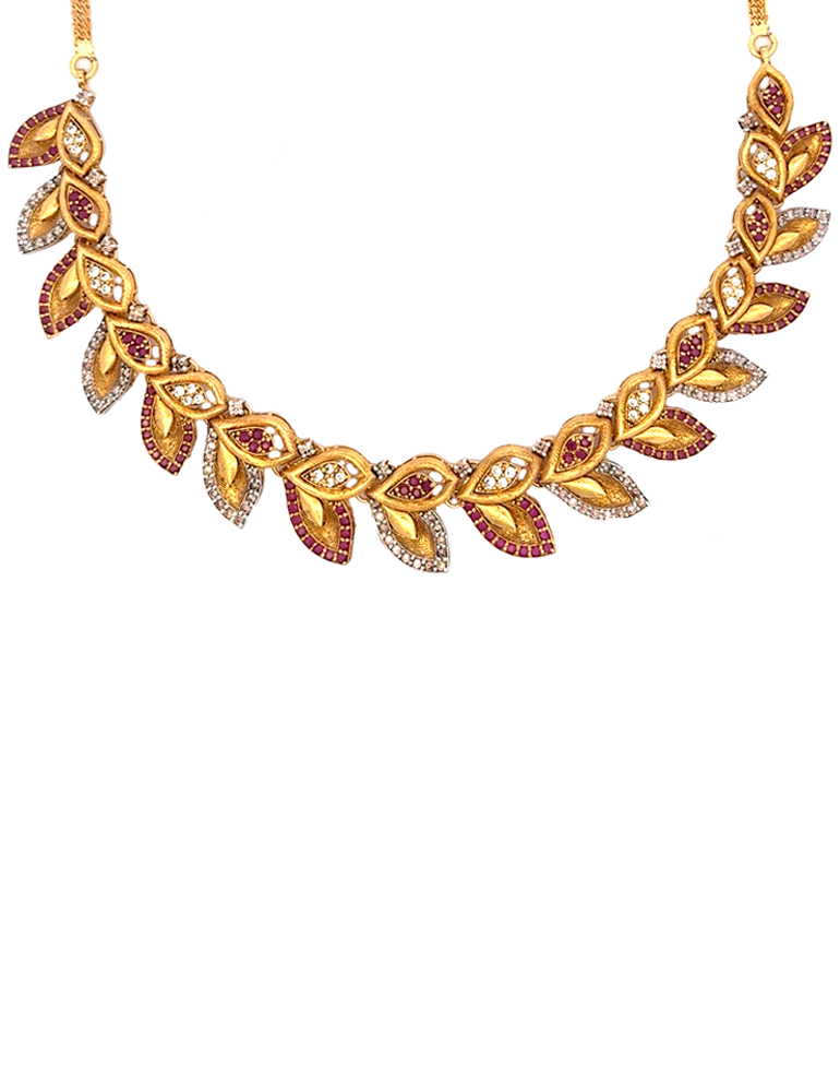 Crimson Leaf 22K Gold Necklace Set With Earrings