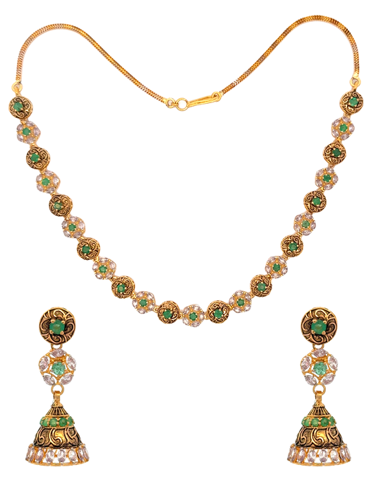 Verdant Harmony Gold Necklace Set With Earrings - 22 Karat