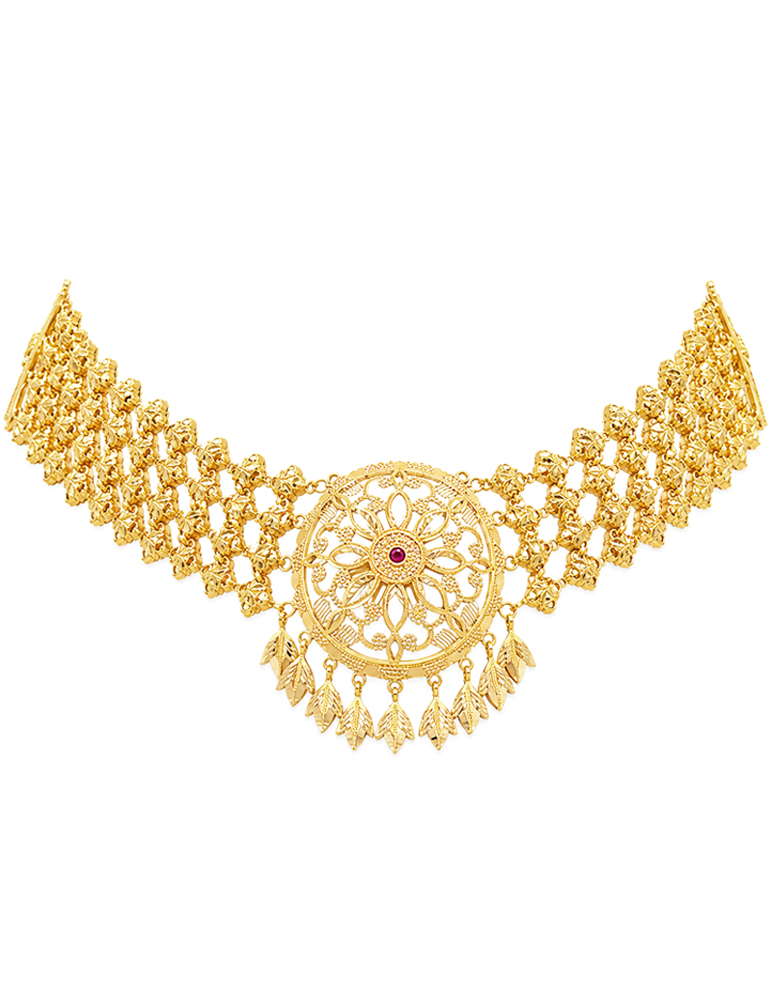 Suryamukhi Gold Choker Set With Earrings - 22 Karat