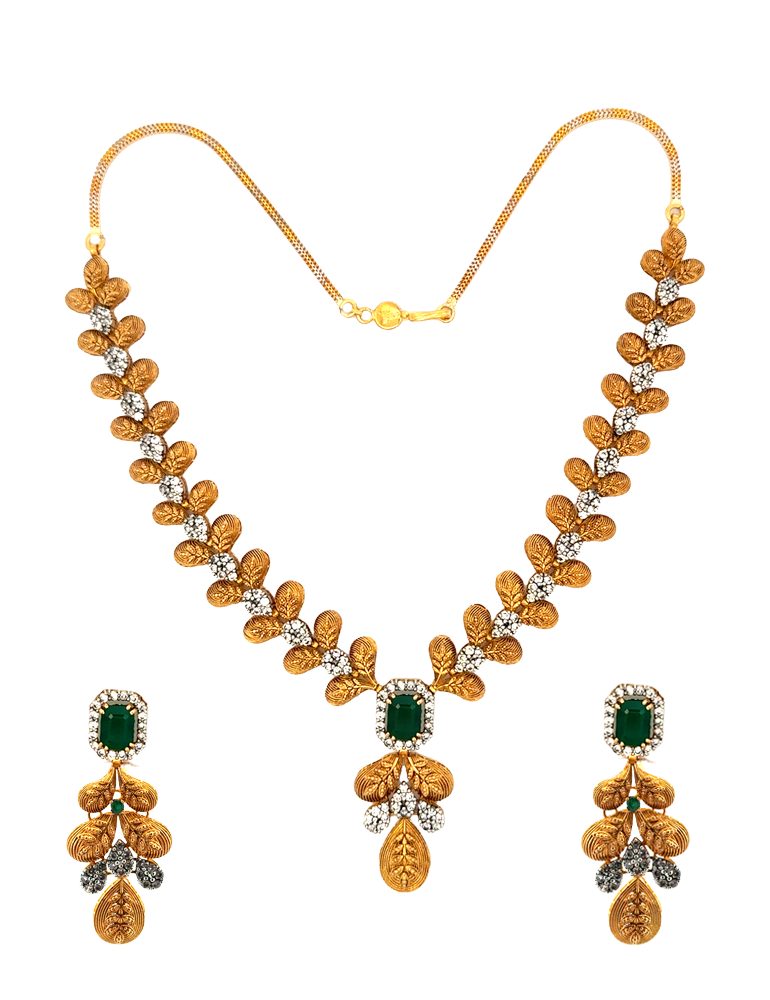 Verdant Grace Necklace Set With Earrings - 22 Karat
